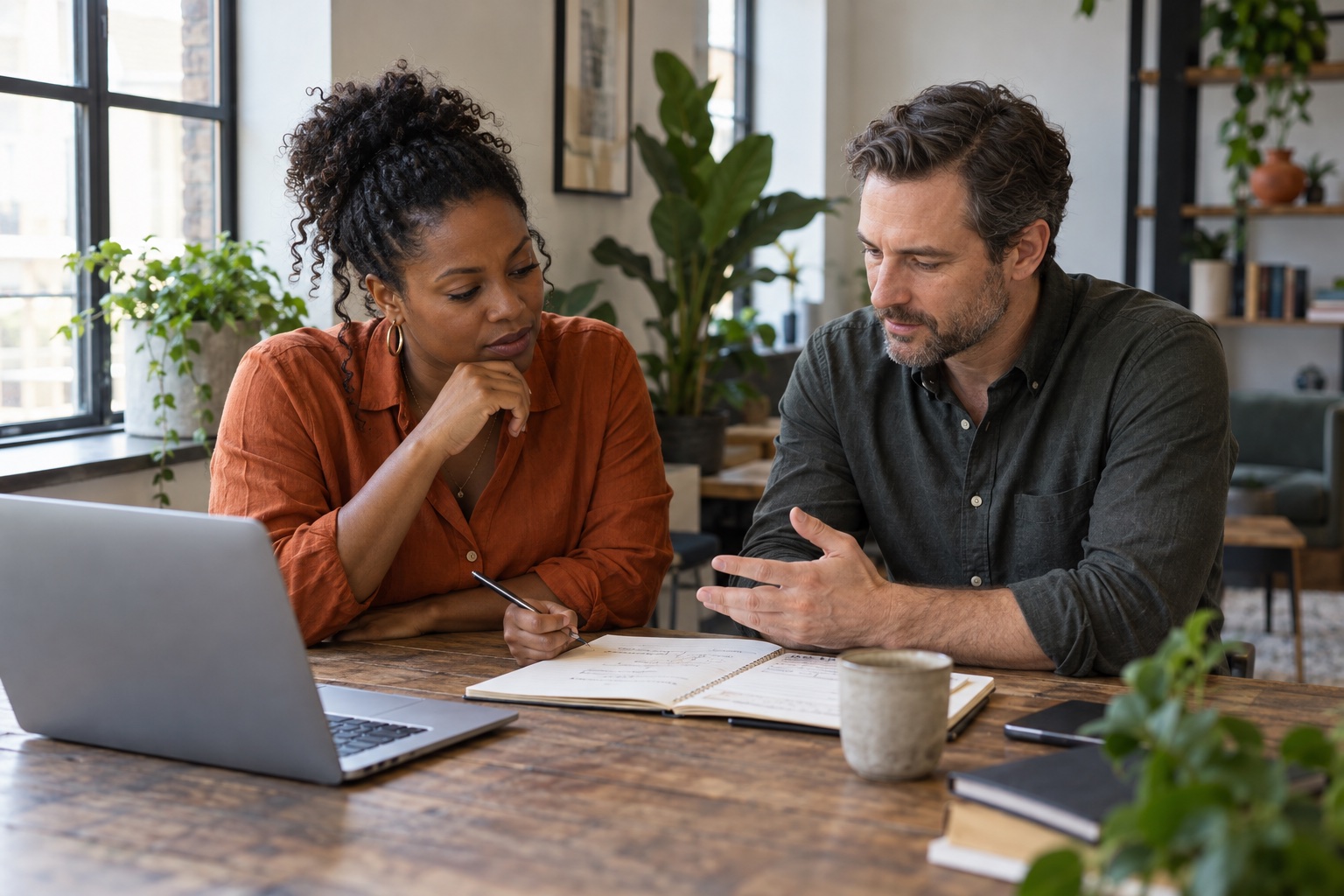 Two colleagues reviewing customer questions and notes together at a laptop.